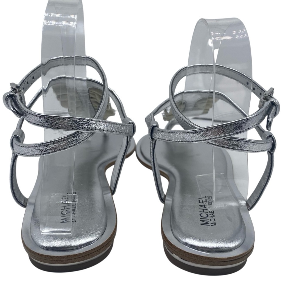 Michael Kors Womens Shoes Bella Sandals 8 Silver Leather Ruffled Flat Strappy - Picture 9 of 13